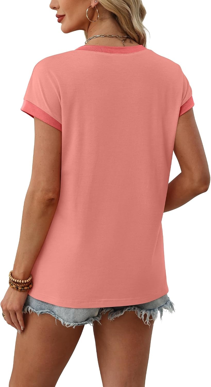 image:imageWIHOLL Womens Summer Tops 2026 Cap Short Sleeve Shirs V Neck T Shirts Fashion Beach Vacation Clothes Color BlockCoral