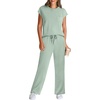 image:imageWIHOLL 2 Piece Sets for Women Casual Summer Travel Vacation Outfits Cap Sleeve Lounge SetCream Green