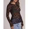 image:imageWIHOLL Womens Mesh Sheer Tops Sexy Crew Neck Summer Loose FIt Party Clubwear ShirtsC2 Black Print