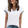 image:imageWIHOLL Womens Summer Tops 2026 Cap Short Sleeve Shirs V Neck T Shirts Fashion Beach Vacation Clothes Color BlockAll White