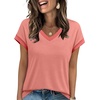 image:imageWIHOLL Womens Summer Tops 2026 Cap Short Sleeve Shirs V Neck T Shirts Fashion Beach Vacation Clothes Color BlockCoral