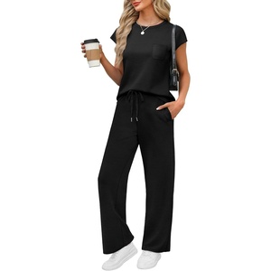 image:imageWIHOLL 2 Piece Sets for Women Casual Summer Travel Vacation Outfits Cap Sleeve Lounge SetBlack