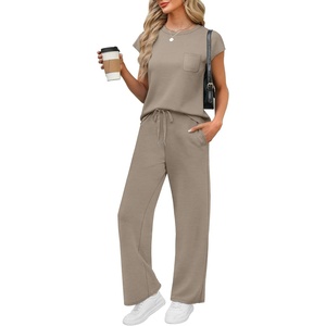 image:imageWIHOLL 2 Piece Sets for Women Casual Summer Travel Vacation Outfits Cap Sleeve Lounge SetCoffee