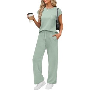 image:imageWIHOLL 2 Piece Sets for Women Casual Summer Travel Vacation Outfits Cap Sleeve Lounge SetCream Green