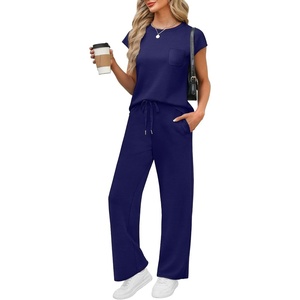 image:imageWIHOLL 2 Piece Sets for Women Casual Summer Travel Vacation Outfits Cap Sleeve Lounge SetDark Blue