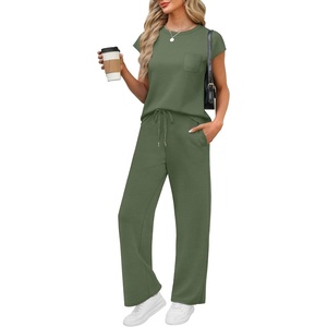 image:imageWIHOLL 2 Piece Sets for Women Casual Summer Travel Vacation Outfits Cap Sleeve Lounge SetGreen