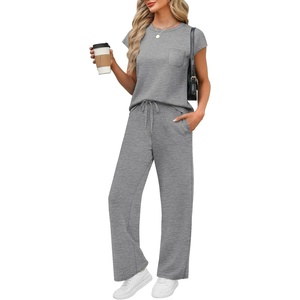 image:imageWIHOLL 2 Piece Sets for Women Casual Summer Travel Vacation Outfits Cap Sleeve Lounge SetGrey