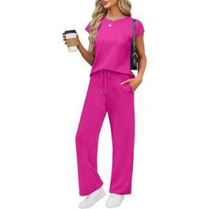 image:imageWIHOLL 2 Piece Sets for Women Casual Summer Travel Vacation Outfits Cap Sleeve Lounge SetHot Pink