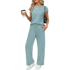 image:imageWIHOLL 2 Piece Sets for Women Casual Summer Travel Vacation Outfits Cap Sleeve Lounge SetLake Blue