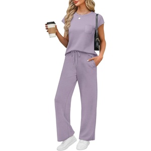 image:imageWIHOLL 2 Piece Sets for Women Casual Summer Travel Vacation Outfits Cap Sleeve Lounge SetPurple