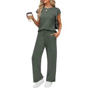 image:imageWIHOLL 2 Piece Sets for Women Casual Summer Travel Vacation Outfits Cap Sleeve Lounge SetRock Green