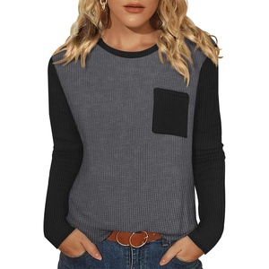 image:imageWIHOLL Long Sleeve Shirts for Women Waffle Knit Trendy Fall Fashion 2026 Dressy Casual Blouses Teacher OutfitsColor Block Grey