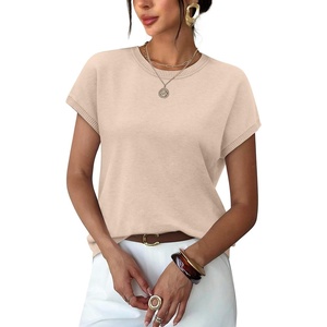 image:imageWIHOLL Short Sleeve Sweater for Women Summer Tops Crew Neck Fashion Clothing Tshirts Shirts Travel Outfits Dressy CasualBeige