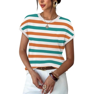 image:imageWIHOLL Short Sleeve Sweater for Women Summer Tops Crew Neck Fashion Clothing Tshirts Shirts Travel Outfits Dressy CasualStriped 02
