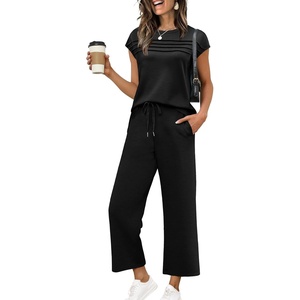 image:imageWIHOLL Two Piece Sets for Women Summer Spring Travel Vacation Outfits Cap Sleeve Lounge Matching Sets Wide Leg Pants S3XLAblack