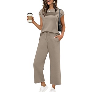 image:imageWIHOLL Two Piece Sets for Women Summer Spring Travel Vacation Outfits Cap Sleeve Lounge Matching Sets Wide Leg Pants S3XLBcoffee