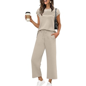 image:imageWIHOLL Two Piece Sets for Women Summer Spring Travel Vacation Outfits Cap Sleeve Lounge Matching Sets Wide Leg Pants S3XLBeige