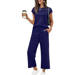image:imageWIHOLL Two Piece Sets for Women Summer Spring Travel Vacation Outfits Cap Sleeve Lounge Matching Sets Wide Leg Pants S3XLDark Blue