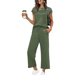 image:imageWIHOLL Two Piece Sets for Women Summer Spring Travel Vacation Outfits Cap Sleeve Lounge Matching Sets Wide Leg Pants S3XLGreen