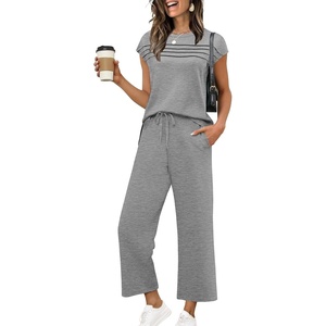 image:imageWIHOLL Two Piece Sets for Women Summer Spring Travel Vacation Outfits Cap Sleeve Lounge Matching Sets Wide Leg Pants S3XLGrey