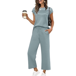 image:imageWIHOLL Two Piece Sets for Women Summer Spring Travel Vacation Outfits Cap Sleeve Lounge Matching Sets Wide Leg Pants S3XLLake Blue