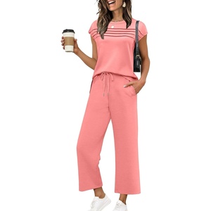 image:imageWIHOLL Two Piece Sets for Women Summer Spring Travel Vacation Outfits Cap Sleeve Lounge Matching Sets Wide Leg Pants S3XLTcoral