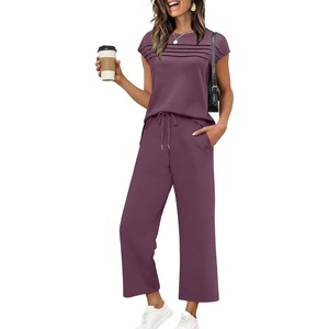 image:imageWIHOLL Two Piece Sets for Women Summer Spring Travel Vacation Outfits Cap Sleeve Lounge Matching Sets Wide Leg Pants S3XLTdark Purple