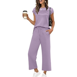 image:imageWIHOLL Two Piece Sets for Women Summer Spring Travel Vacation Outfits Cap Sleeve Lounge Matching Sets Wide Leg Pants S3XLTgrey Purple