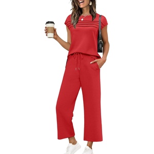 image:imageWIHOLL Two Piece Sets for Women Summer Spring Travel Vacation Outfits Cap Sleeve Lounge Matching Sets Wide Leg Pants S3XLTred