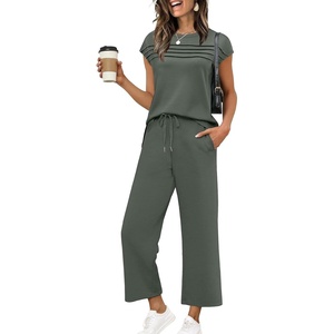 image:imageWIHOLL Two Piece Sets for Women Summer Spring Travel Vacation Outfits Cap Sleeve Lounge Matching Sets Wide Leg Pants S3XLTrock Green