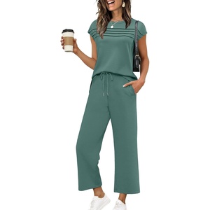 image:imageWIHOLL Two Piece Sets for Women Summer Spring Travel Vacation Outfits Cap Sleeve Lounge Matching Sets Wide Leg Pants S3XLTteal