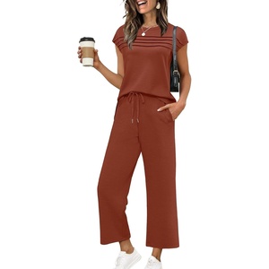 image:imageWIHOLL Two Piece Sets for Women Summer Spring Travel Vacation Outfits Cap Sleeve Lounge Matching Sets Wide Leg Pants S3XLUcaramel