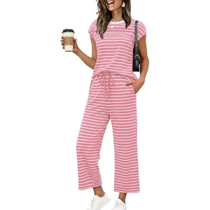 image:imageWIHOLL Two Piece Sets for Women Summer Spring Travel Vacation Outfits Cap Sleeve Lounge Matching Sets Wide Leg Pants S3XLVpink Stripes