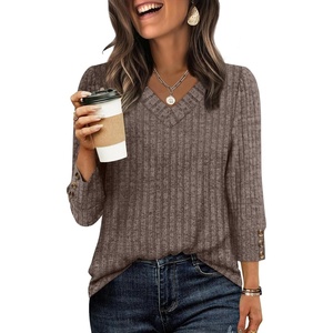 image:imageWIHOLL V Neck 34 Length Sleeve Womens Tops Casual Fall Shirts Lightweight Tunic Sweaters Fashion Clothes 2026Coffee