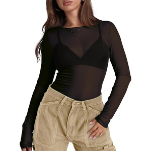 image:imageWIHOLL Womens Mesh Sheer Tops Sexy Crew Neck Summer Loose FIt Party Clubwear ShirtsA1 Black