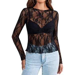 image:imageWIHOLL Womens Mesh Sheer Tops Sexy Crew Neck Summer Loose FIt Party Clubwear ShirtsA2 Black