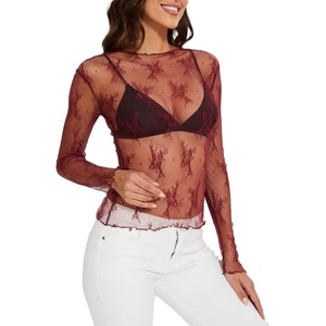 image:imageWIHOLL Womens Mesh Sheer Tops Sexy Crew Neck Summer Loose FIt Party Clubwear ShirtsB5 Burgundy