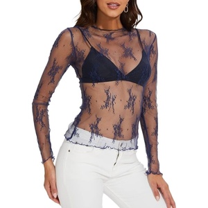 image:imageWIHOLL Womens Mesh Sheer Tops Sexy Crew Neck Summer Loose FIt Party Clubwear ShirtsB6 Navy