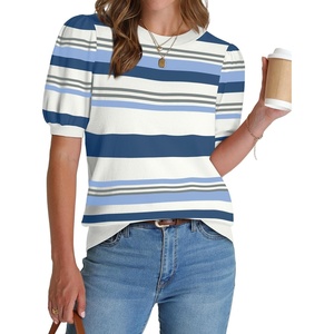 image:imageWIHOLL Womens Puff Short Sleeve Sweater 2026 Spring Summer Tops Trendy Business Causal Outfits Work Blouses ClothesBlue Stripe