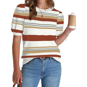 image:imageWIHOLL Womens Puff Short Sleeve Sweater 2026 Spring Summer Tops Trendy Business Causal Outfits Work Blouses ClothesCaramel Stripe