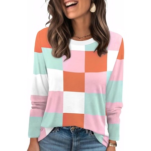 image:imageWIHOLL Womens Striped Long Sleeve Shirts Fall Outfits 2026 Color Block Tops Fashion Clothing Ribbed Crewneck Tee BlousesForange Plaid