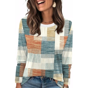 image:imageWIHOLL Womens Striped Long Sleeve Shirts Fall Outfits 2026 Color Block Tops Fashion Clothing Ribbed Crewneck Tee BlousesGorange and Blue Plaid