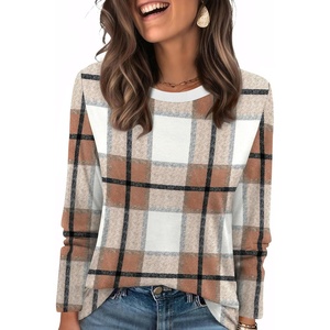 image:imageWIHOLL Womens Striped Long Sleeve Shirts Fall Outfits 2026 Color Block Tops Fashion Clothing Ribbed Crewneck Tee BlousesHbrown Plaid