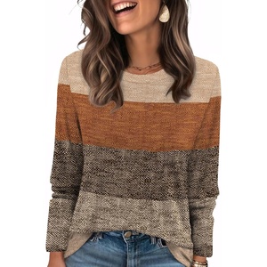 image:imageWIHOLL Womens Striped Long Sleeve Shirts Fall Outfits 2026 Color Block Tops Fashion Clothing Ribbed Crewneck Tee BlousesHkhaki Stripe