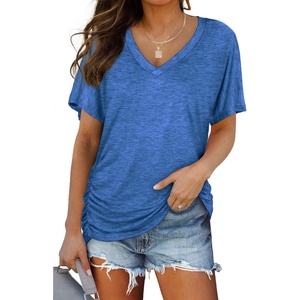 image:imageWIHOLL Womens Summer TShirts Short Sleeve V Neck Dolman Tops with Side Shirring Loose Fit Shirts Spring Fashion04blue