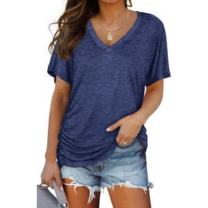image:imageWIHOLL Womens Summer TShirts Short Sleeve V Neck Dolman Tops with Side Shirring Loose Fit Shirts Spring Fashion04dark Blue