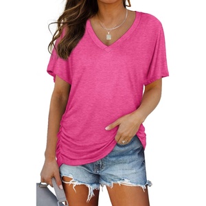 image:imageWIHOLL Womens Summer TShirts Short Sleeve V Neck Dolman Tops with Side Shirring Loose Fit Shirts Spring Fashion04rose Pink