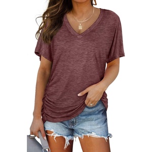 image:imageWIHOLL Womens Summer TShirts Short Sleeve V Neck Dolman Tops with Side Shirring Loose Fit Shirts Spring Fashion05red