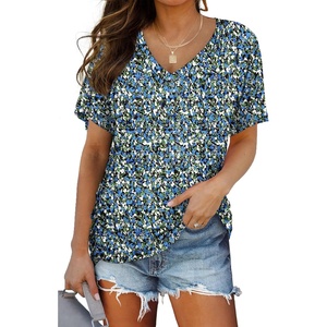 image:imageWIHOLL Womens Summer TShirts Short Sleeve V Neck Dolman Tops with Side Shirring Loose Fit Shirts Spring Fashion3floral Blue