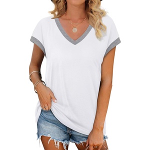 image:imageWIHOLL Womens Summer Tops 2026 Cap Short Sleeve Shirs V Neck T Shirts Fashion Beach Vacation Clothes Color BlockAll White